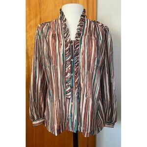 Vtg Retro Teddie of‎ Cali Frill V-Neck Button Blouse Abstract Stripe Lrg 16
